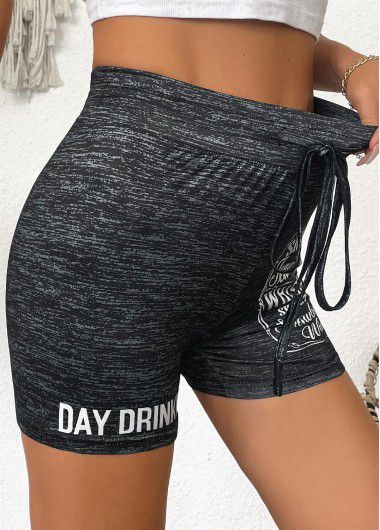 Modlily Black Letter Print Skinny Drawastring High Waisted Shorts - L