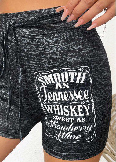 Modlily Black Letter Print Skinny Drawastring High Waisted Shorts - L