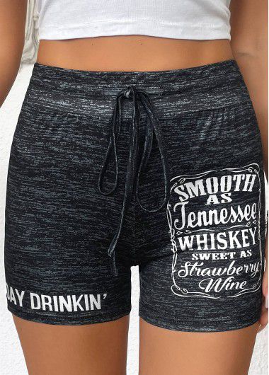 Modlily Black Letter Print Skinny Drawastring High Waisted Shorts - L
