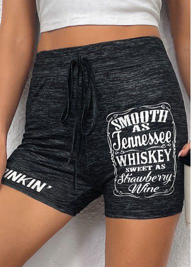 Modlily Black Letter Print Skinny Drawastring High Waisted Shorts - L