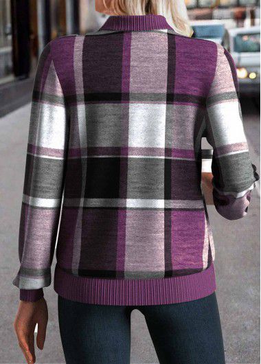 Modlily Purple Zipper Plaid Long Sleeve Stand Collar Jacket - XL