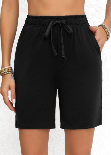 Modlily Black Double Side Pockets Elastic Waist High Waisted Shorts - L