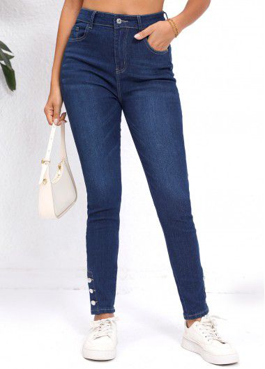 Modlily Denim Blue Pocket Skinny Button Fly High Waisted Jeans - XL