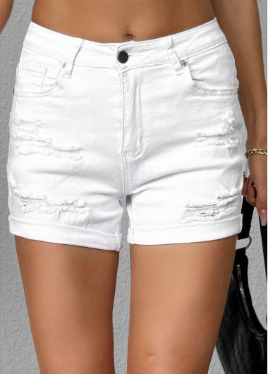 Modlily White Skinny Button Fly Mid Waisted Shorts - L