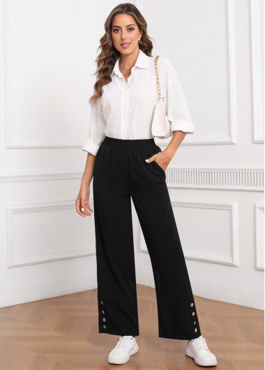 Modlily Black Button Elastic Waist High Waisted Pants - 2XL