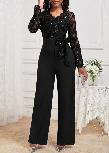 Modlily Black Lace Long Belted V Neck Jumpsuit - M