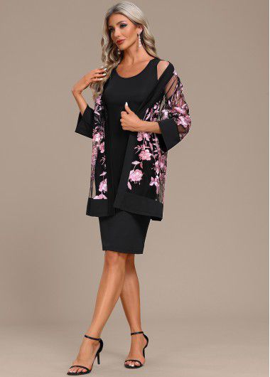 Modlily Embroidery Black Two Piece Shift Dress and Cardigan - XXL