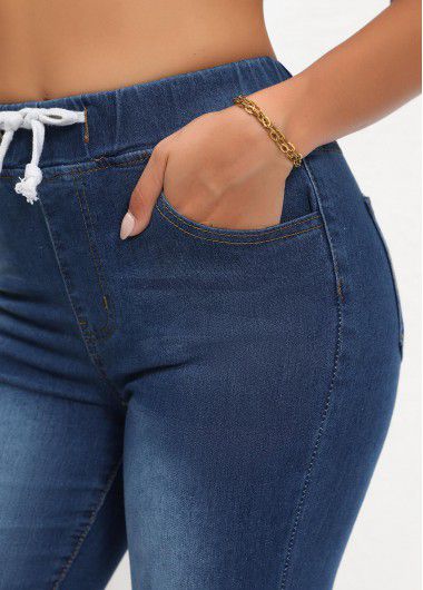 Modlily Denim Blue Pocket Skinny Elastic Waist High Waisted Jeans - L