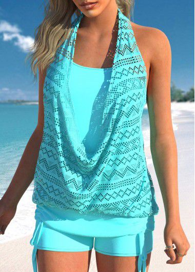 Modlily Lace Mint Green Hollow Tankini Top - L