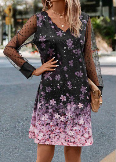 Modlily Black Mesh Floral Print A Line Dress - M