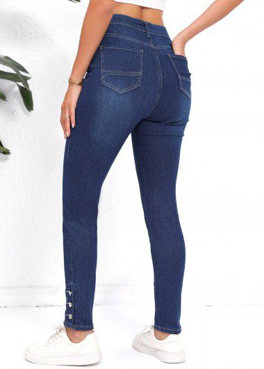 Modlily Denim Blue Pocket Skinny Button Fly High Waisted Jeans - XL