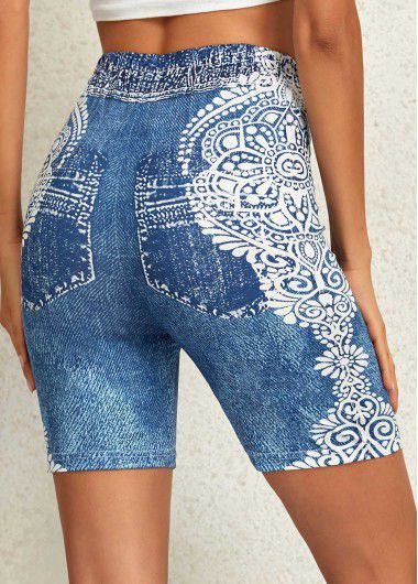 Modlily Denim Blue Tribal Print Skinny Elastic Waist Shorts - XXL