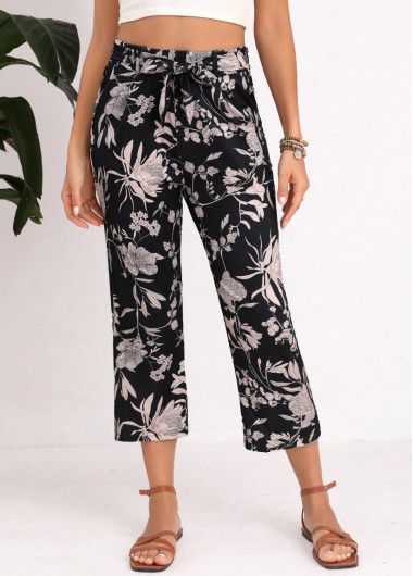 Modlily Black Floral Print Belted Regular Elastic Waist Pants - 2XL