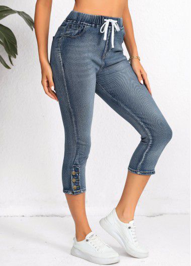 Modlily Denim Blue Pocket Regular Elastic Waist High Waisted Jeans - XL