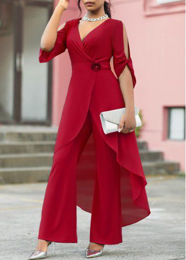 Modlily Flower Decoration Chiffon Wine Red Jumpsuit - M