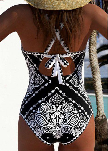 Modlily Ruched Tribal Print Black One Piece Swimwear - XXL
