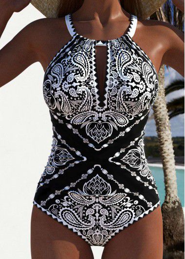 Modlily Ruched Tribal Print Black One Piece Swimwear - XXL