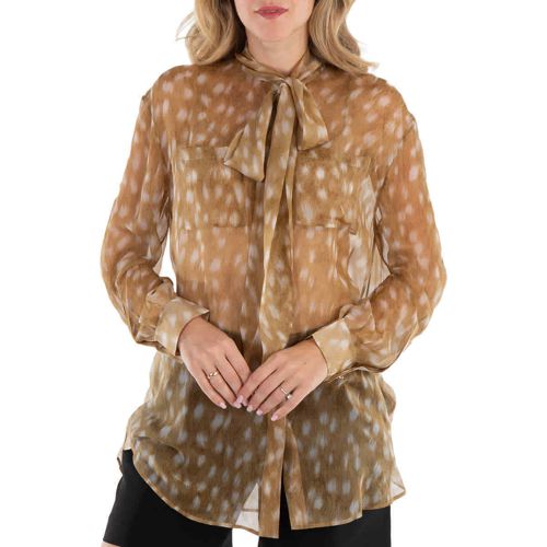 Burberry Ladies Bindie Honey Beige Deer Print Silk Tie-Neck Blouse, Brand Size 6