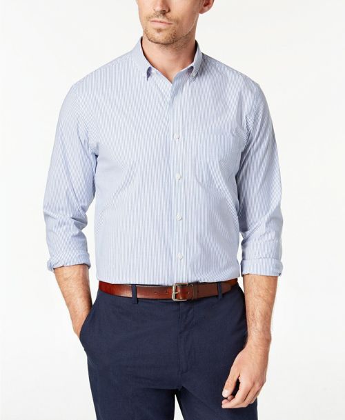 New $114 Club Room Men Blue White Stripe Button Long-Sleeve Casual Shirt Size L