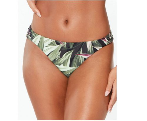 Bar III Women Palm Groove Stretch Full Coverage Shirred Bikini, Black, Sz S