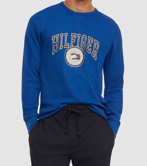 Tommy Hilfiger Mens Blue Reg-Fit Waffle-Knit L/S Pajama T-Shirt Size L
