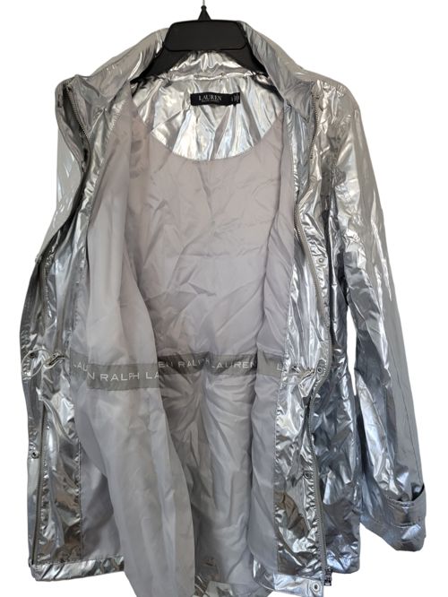 NWOT Ralph Lauren Women's Size L Silver Metallic Taffeta Hooded Jacket