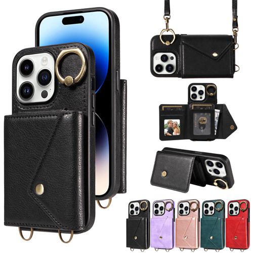 For iPhone 12 13 14 15 16 Pro Max Crossbody Strap Leather Wallet Ring Stand Case