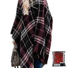 Bestshe Boho Cardigan Oversized Knitted Shawl Wrap Cape Sweater Plaid Tassel