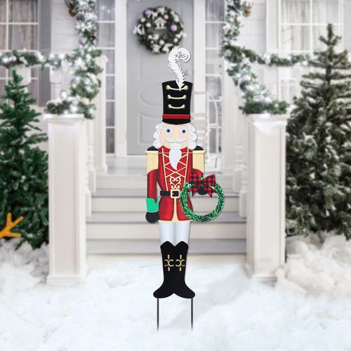 LED Christmas Nutcracker Wreath Yard Sign with Metal Stakes for Outdoor Decor