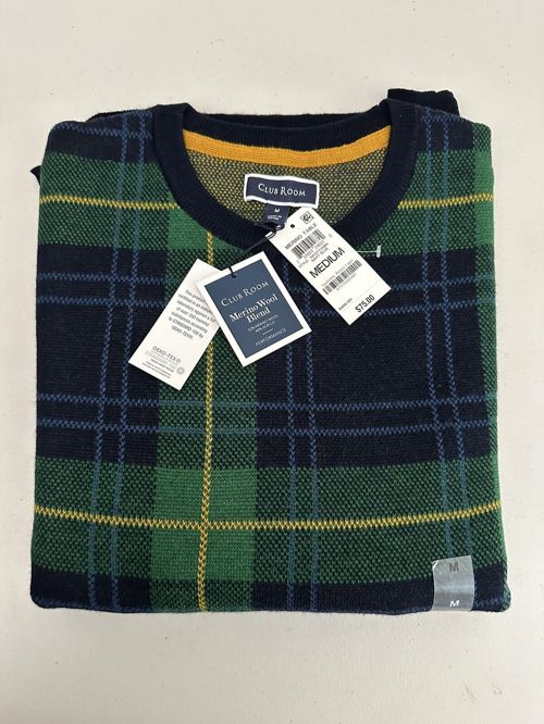 Club Room Men's Merino Wool Blend Crew Easy Care Sweater, Blue/Green Plaid M