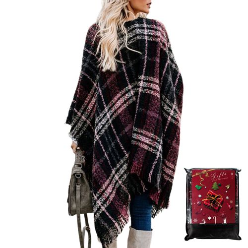 Women's Boho Cardigan Oversized Knitted Shawl Wrap Cape Sweater Plaid Tassel