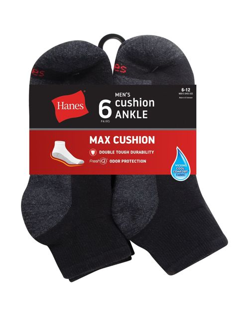 Hanes Ankle Socks 6-Pack Mens Max Cushion Cool ComfortBlend FreshIQ Max Cushion