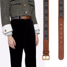 GUCCI BELT 678694 GG LOGO DENIM CANVAS BROWN LEATHER BUCKLE FASTENING 80 / 32