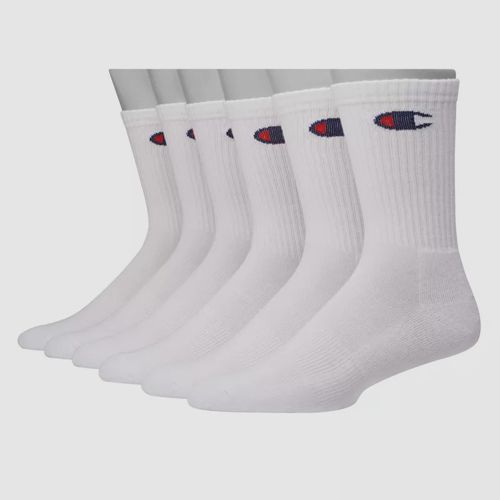 Champion Men's 6 Pair White Stretch Logo Athletic Crew Socks Shoe 6-12