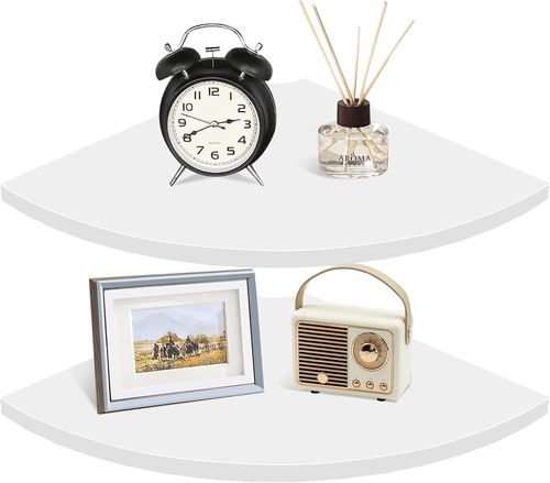 Set of 2 White Floating Corner Shelves with Wire Hole for Home or Office