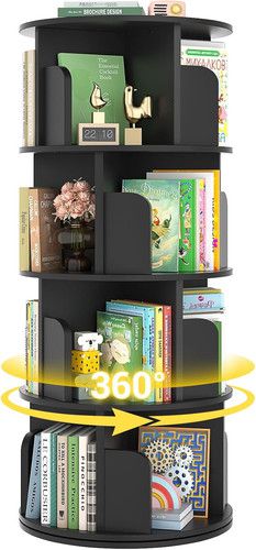 Rotating Wood Corner Bookshelf, 4-Tier 360° Spinning Bookcase, Black