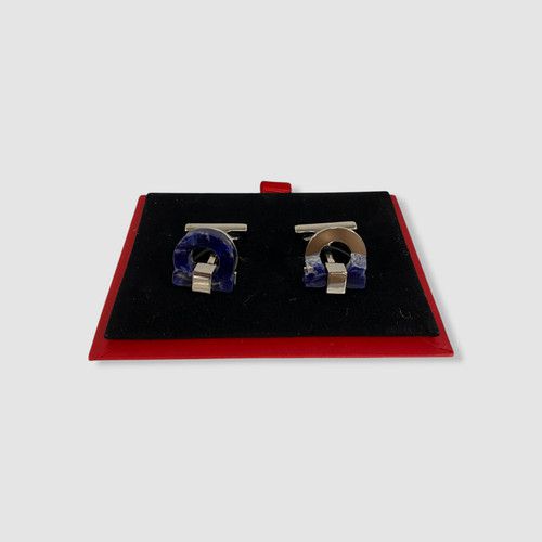 Salvatore Ferragamo Mens' Silver Blue Limestone Gancini Cufflinks