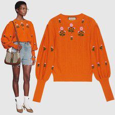 GUCCI SWEATER ORANGE WOOL BLEND FLORAL EMBROIDERED JUMPER $1,980 sz XS