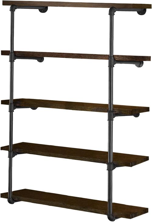 Industrial Iron Pipe Wall Shelves, Vintage 5-Tier Bookcase, 55" Tall