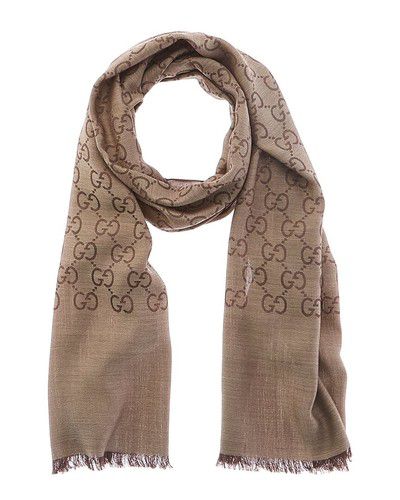 Gucci Logo Small Jacquard Wool & Silk-Blend Scarf Women's Brown