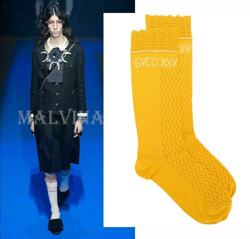 GUCCI DRESS SOCKS XXV KNITTED COTTON CROCHET SCALLOP TOP EMBROIDERED LOGO $390 M