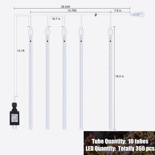 Outdoor 16-Inch Meteor Shower Lights, 10 Tube 360 LED Icicle Decoration, White