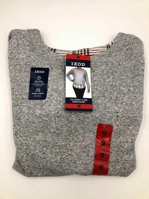 IZOD Women's Long Sleeve Tie-Front 2-Fer Sweatshirt Light Heather Gray Size M