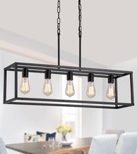 Modern Black Rectangular Kitchen Island Chandelier with 5 Vintage Cage Lights