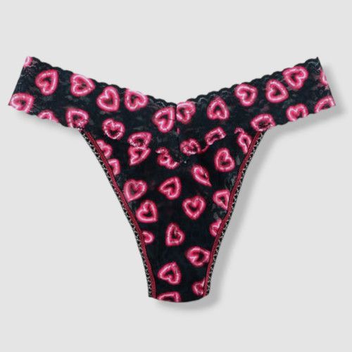 $27 Hanky Panky Women Black Heart Print Original Rise Thong Panty Size OS (4-14)