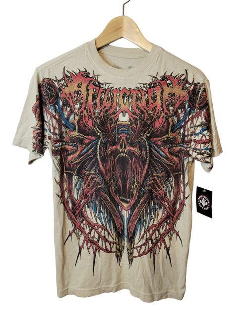 Affliction Beige Graphic Tee Short Sleeve Grunge Skull Men's T-shirt Size S