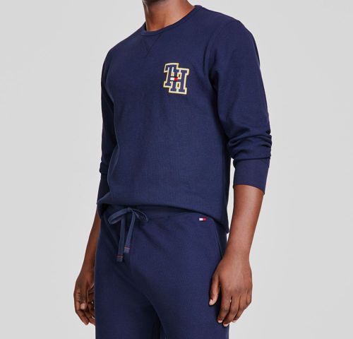 Tommy Hilfiger Men's Blue Waffle-Knit Long-Sleeve Pajama T-Shirt Size-L