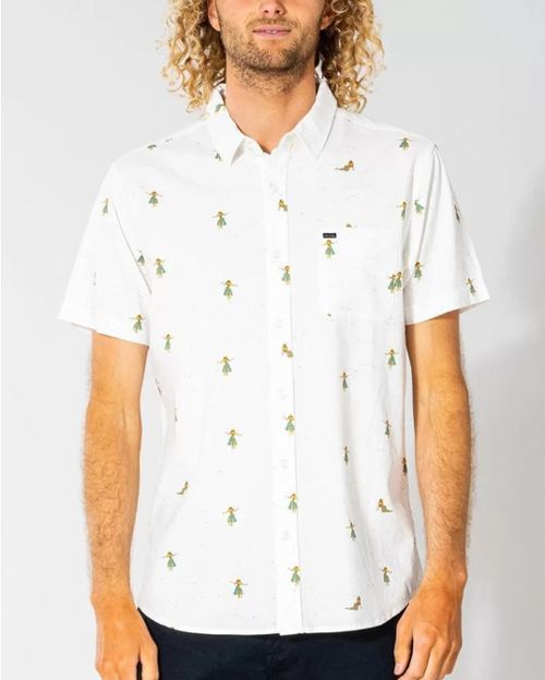 Rip Curl Men Button Up Stretch Short Sleeve Hula Breach Shirt, Ivory, Sz 2XL