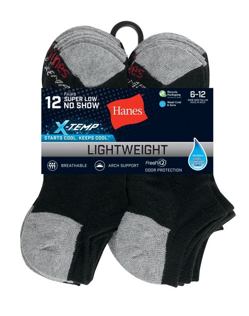 No Show Socks 12-Pack Hanes Super Low Mens FreshIQ X-Temp Black or White sz 6-12