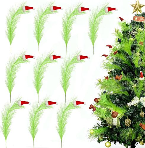17" Artificial Pampas Tree Toppers with Santa Hats - 10 Pcs Set